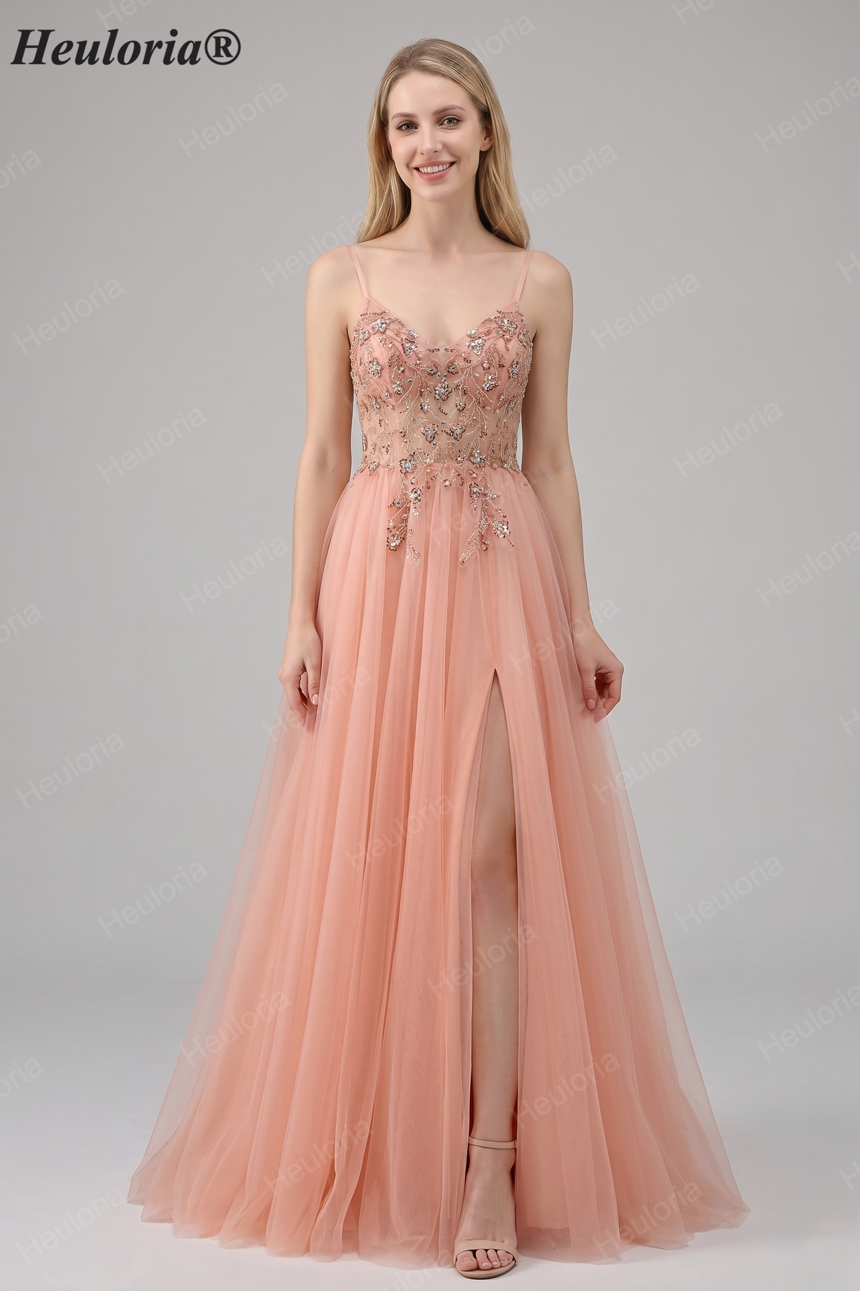Blush Beaded Tulle A-Line Prom Dress ED-572