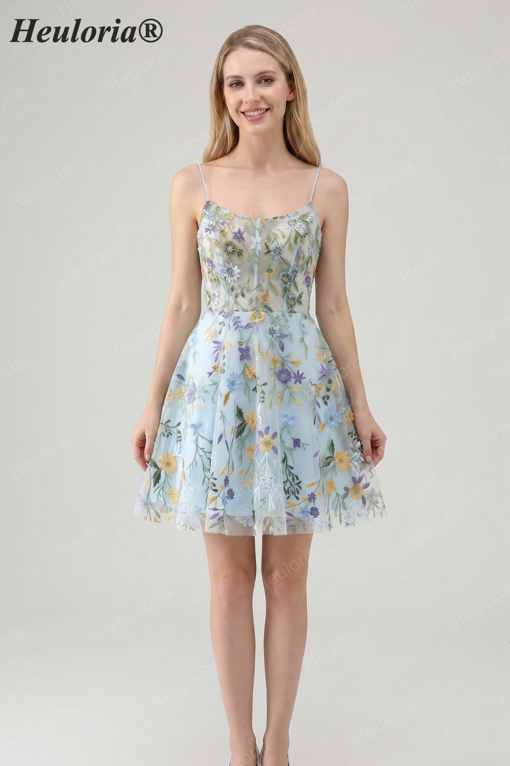 Blue Floral Embroidered Short Prom & Homecoming Dress – heuloria