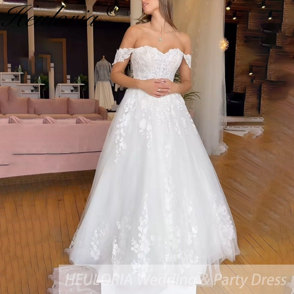 elegant A line wedding dress off shoulder Sparkly Glitter tulle