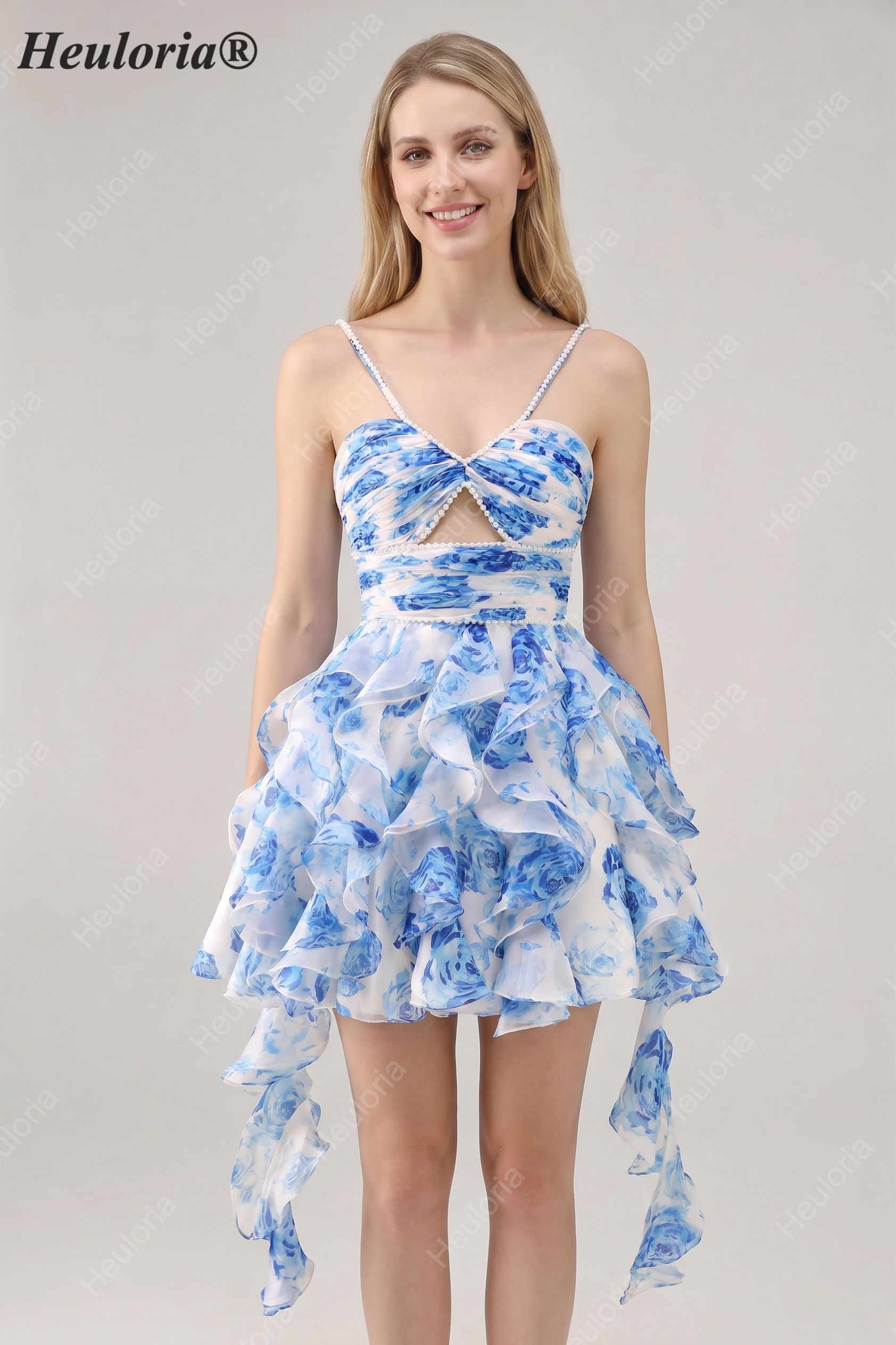 blue and white floral homecoming dress Ruffle Mini and the corset detail Size:IT 34 Black Mesh Short Sleeve DI7375FO