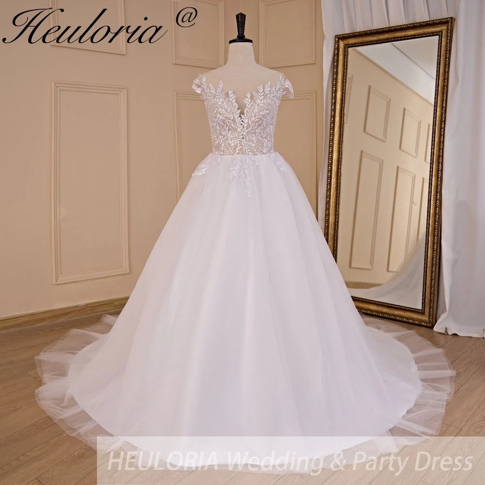 embroidered illusion cap sleeve wedding dress Illusion Cap Sleeve Lace A-Line Wedding Dress with Chapel Train