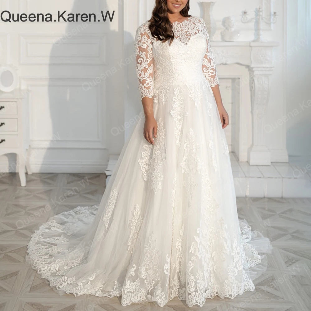 Plus Size Lace Wedding Dress with 3/4 Sleeves 8 / White Plus Size Lace Wedding Dress with 3/4 Sleeves 8 / White