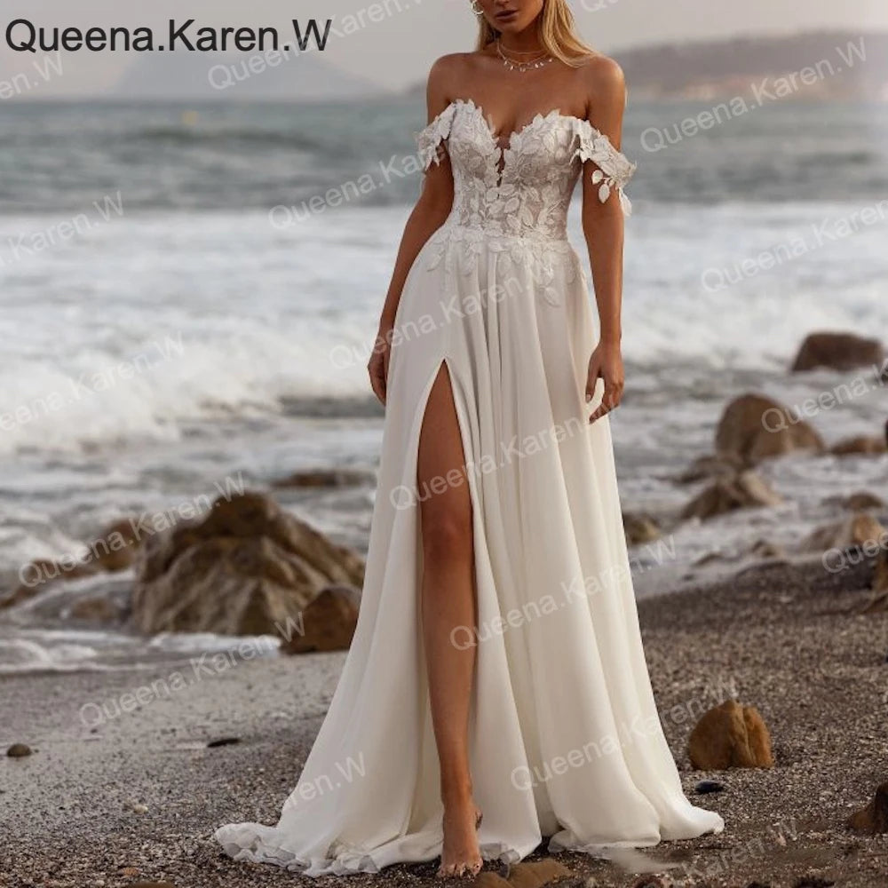 Off-Shoulder Lace Appliqué Chiffon A-Line Wedding Dress AL-QK219