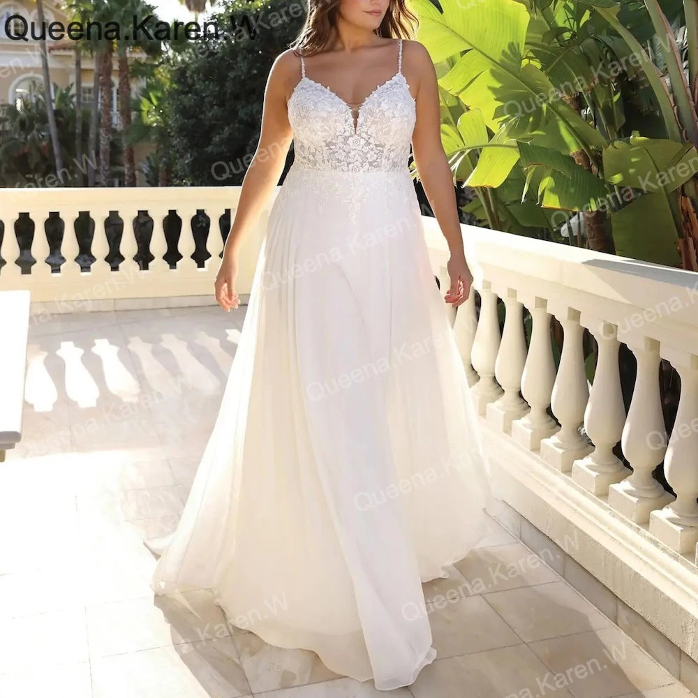 Elegant Boho A Line Wedding Dress Strap Lace Applique Chiffon Bride D 14 / Ivory Elegant Boho A Line Wedding Dress Strap Lace Applique Chiffon Bride D 14 / Ivory
