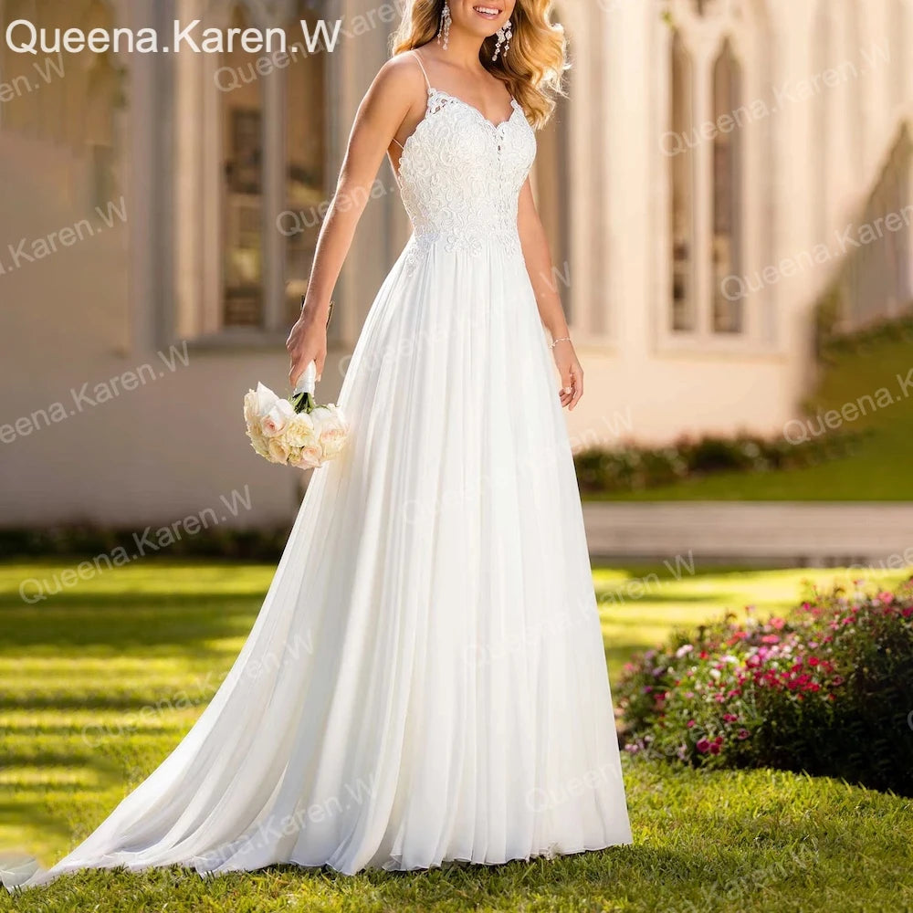 Elegant Boho A line Wedding Dress strap lace chiffon bride Dress 4 / Ivory Elegant Boho A line Wedding Dress strap lace chiffon bride Dress 4 / Ivory