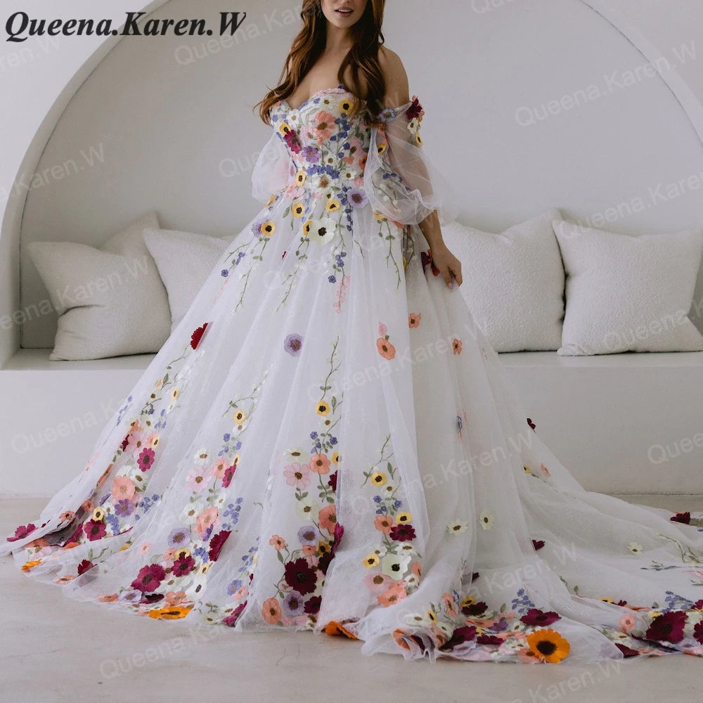 Colorful Floral Embroidery Wedding Dress - Detachable Sleeves | Heuloria heuloria Colorful Floral Embroidery Wedding Dress - Detachable Sleeves | Heuloria heuloria