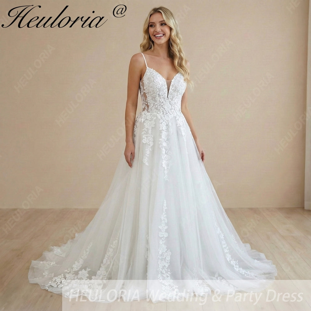 HEULORIA Ethereal Floral Lace A-Line Wedding Dress - Plunge V-Neck & Delicate Spaghetti Straps AL-1051