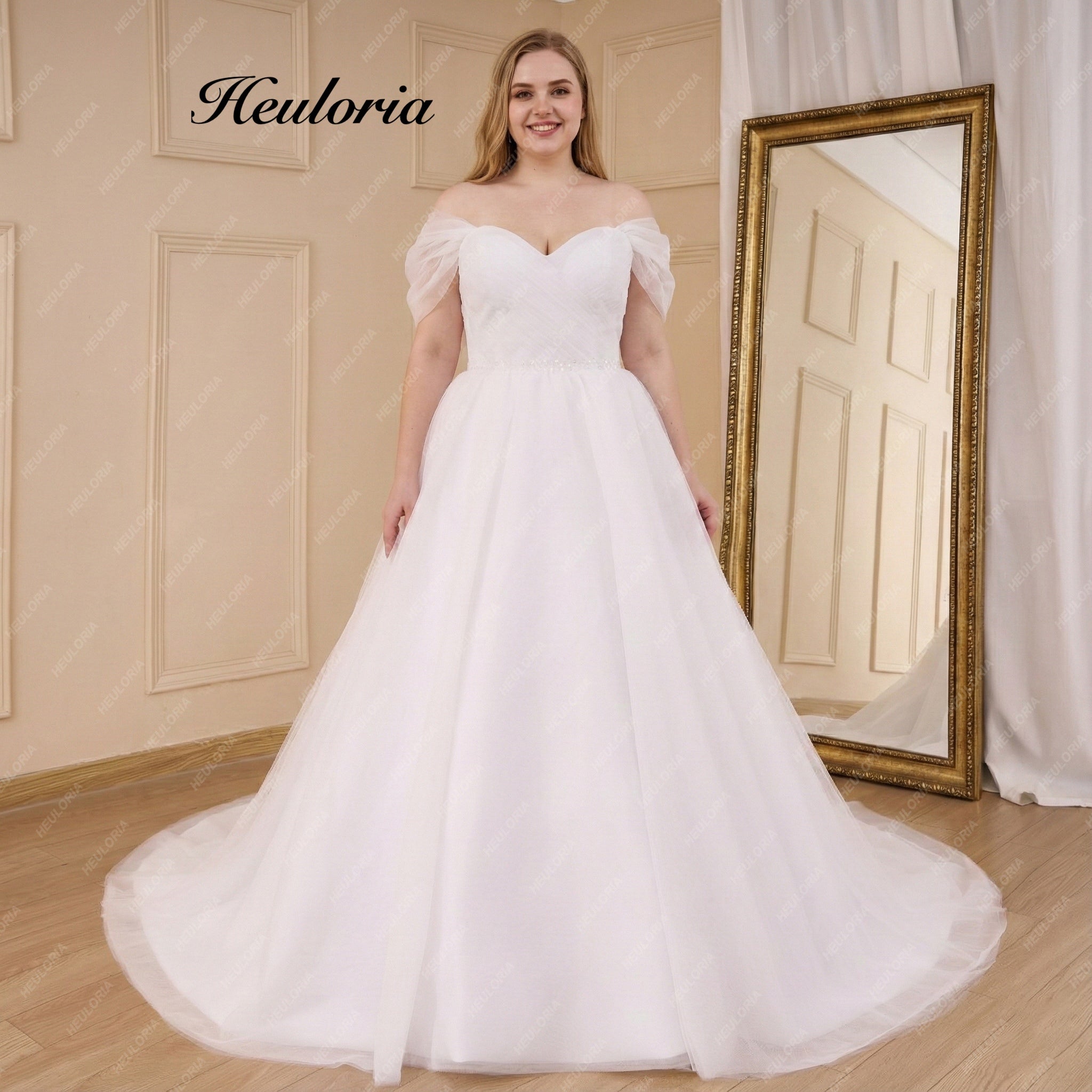 HEULORIA Boho A line Wedding Dress off shoulde beading belt bride Dress tulle lace up back plus size AL-818 - 24W / Ivory HEULORIA Boho A line Wedding Dress off shoulde beading belt bride Dress tulle lace up back plus size AL-818 - 24W / Ivory