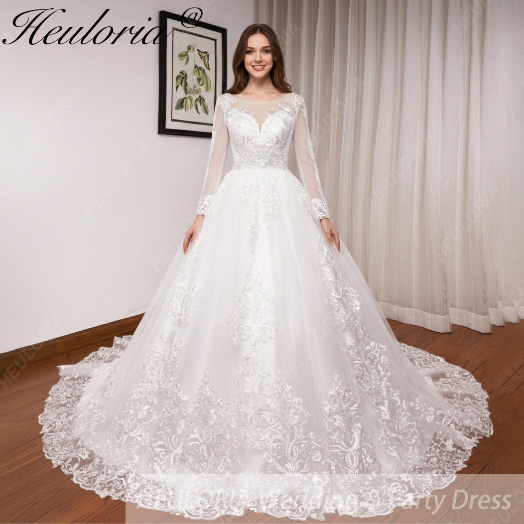 Lace Long Sleeve Ball Gown Wedding Dress with Beaded Belt