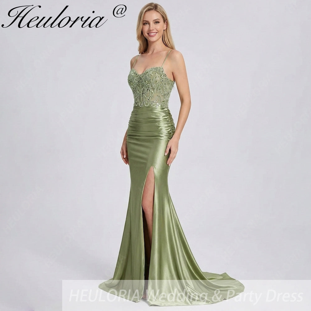Sage Green Beaded Corset Prom Dress | Satin High Slit Gown  heuloria
