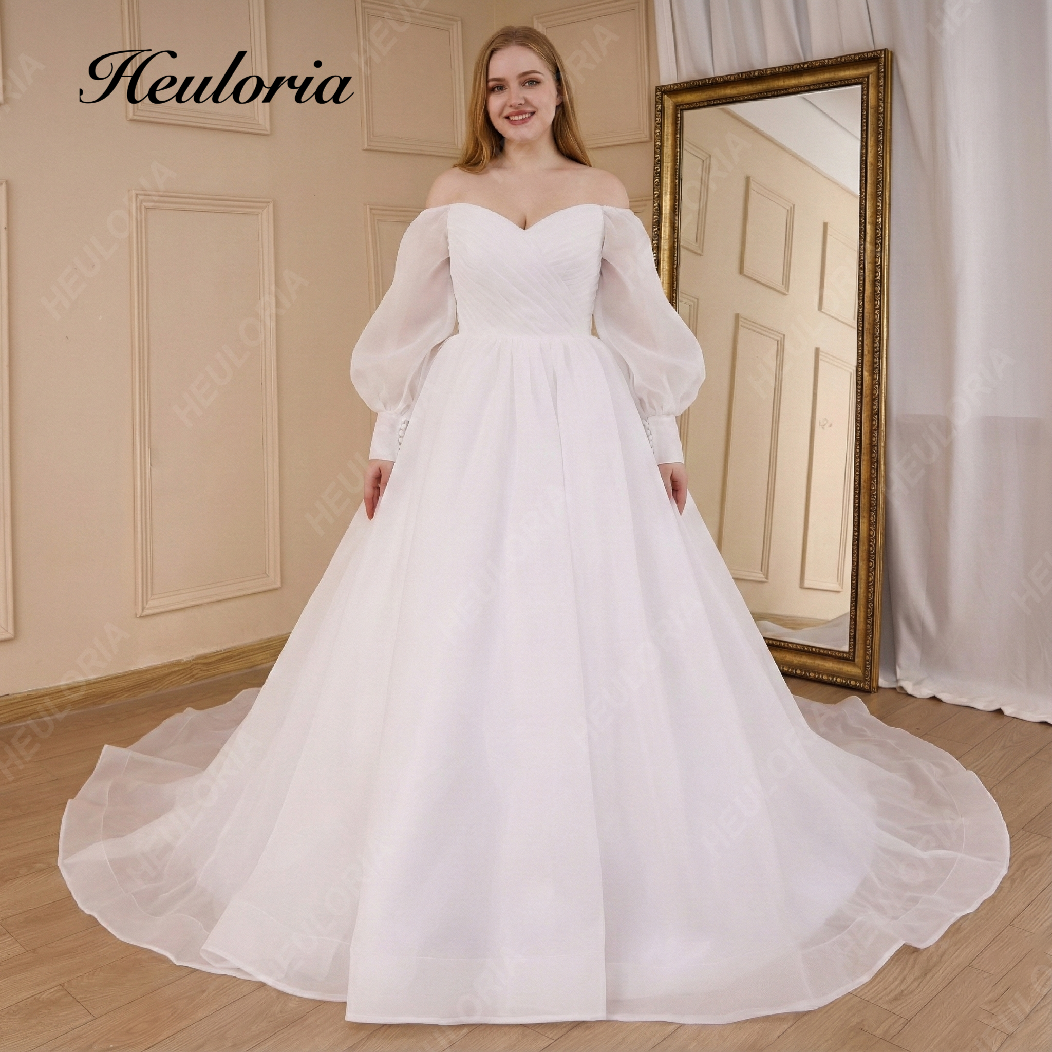 Off-Shoulder Organza Lantern Sleeve Wedding Dress