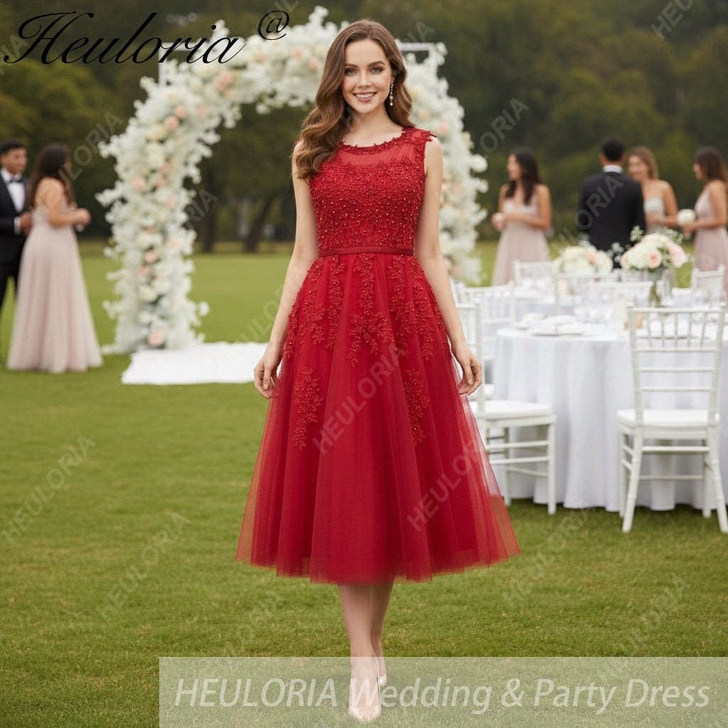 HEULORIA short Bridemaid dress round neck lace beads tulle party dress formal dress ED-75 Red / 2 HEULORIA short Bridemaid dress round neck lace beads tulle party dress formal dress ED-75 Red / 2