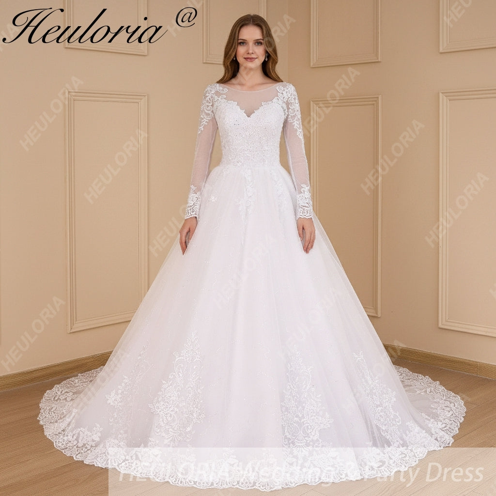 Long Sleeve Illusion Neckline Lace Ball Gown Wedding Dress – heuloria
