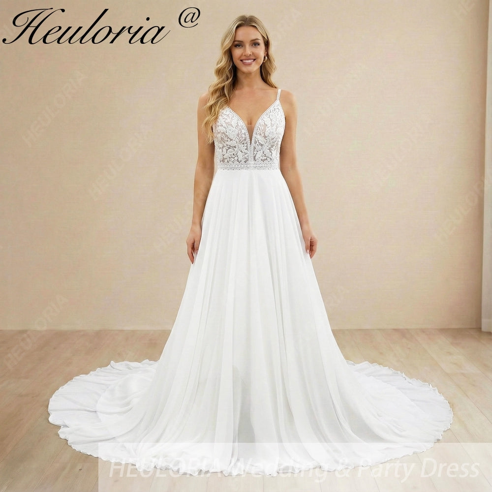 Deep V Lace Chiffon Wedding Dress