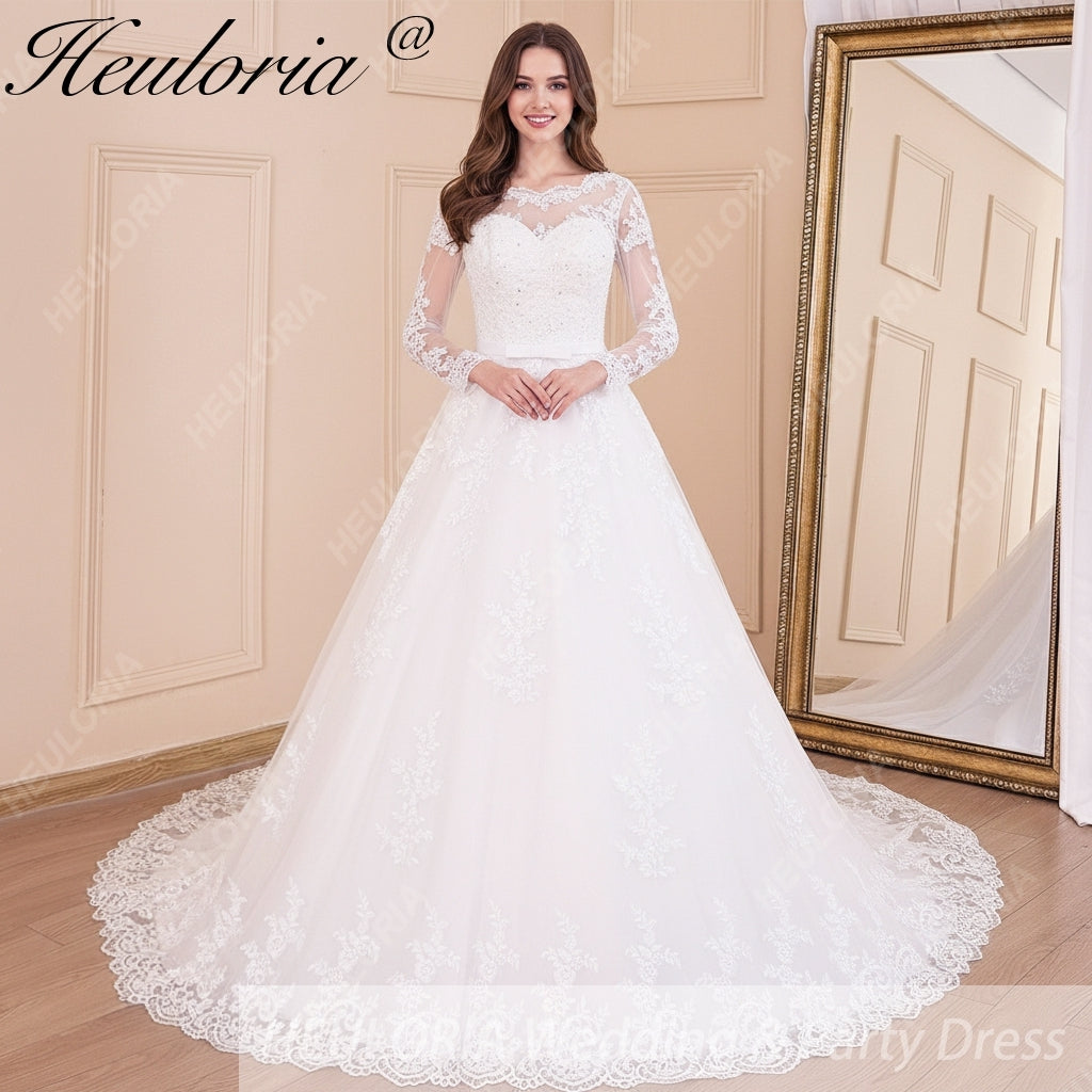 sequin bridal dress HEULORIA Elegant Long Sleeve Lace Wedding Dress - Illusion Neckline & Sequin-Embellished A-Line Bridal Gown BA-613