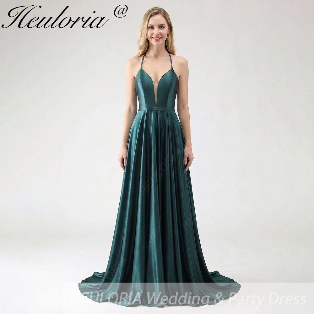 Dark Green Plunging V-Neck Satin Prom Dress | Lace-Up Back Gown Black / 2 Dark Green Plunging V-Neck Satin Prom Dress | Lace-Up Back Gown Black / 2