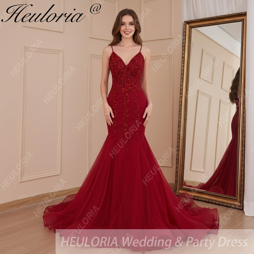 Burgundy Beaded Mermaid Evening Dress | V-Neck & Spaghetti Straps heuloria Burgundy Beaded Mermaid Evening Dress | V-Neck & Spaghetti Straps heuloria