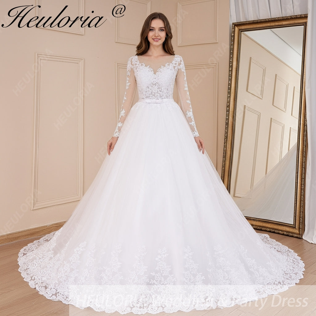 Illusion Long Sleeve Lace Wedding Dress | Cathedral Train Bridal Gown White / 20W / 50cm Illusion Long Sleeve Lace Wedding Dress | Cathedral Train Bridal Gown White / 20W / 50cm