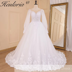 HEULORIA elegant Princess wedding dress long puff sleeve lace applique bride dress Robe De Mariee Wedding Bride Dress long train BA-624 HEULORIA elegant Princess wedding dress long puff sleeve lace applique bride dress Robe De Mariee Wedding Bride Dress long train BA-624