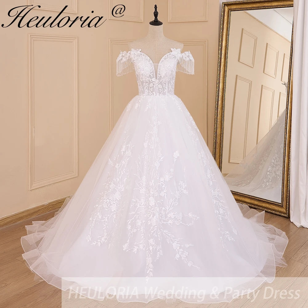 Beaded Fringe Sleeve Off-Shoulder Lace Wedding Dress | Heuloria 100cm / Custom size / White Beaded Fringe Sleeve Off-Shoulder Lace Wedding Dress | Heuloria 100cm / Custom size / White