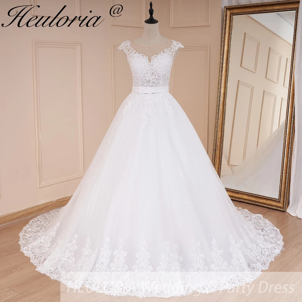 Elegant Illusion Lace Cap Sleeve A-Line Wedding Dress | Heuloria Ivory / 18w / 100cm Elegant Illusion Lace Cap Sleeve A-Line Wedding Dress | Heuloria Ivory / 18w / 100cm