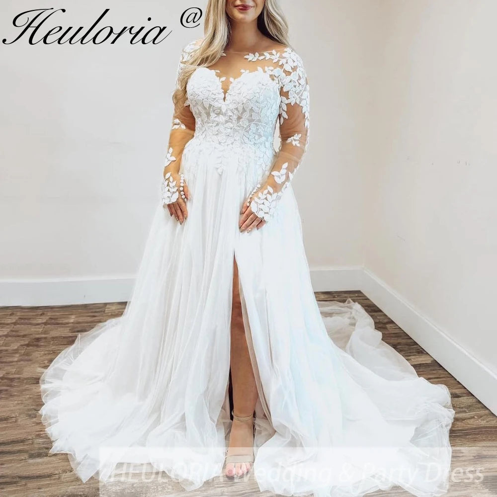 HEULORIA A line Wedding Dress long sleeve lace bride Dress plus size 26W / Ivory HEULORIA A line Wedding Dress long sleeve lace bride Dress plus size 26W / Ivory