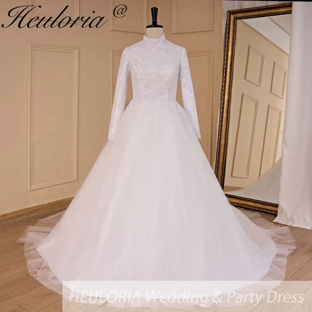 High Neck Long Sleeve Beaded Wedding Dress Shimmering Tulle Bridal Gown 100cm / 26W / White High Neck Long Sleeve Beaded Wedding Dress Shimmering Tulle Bridal Gown 100cm / 26W / White