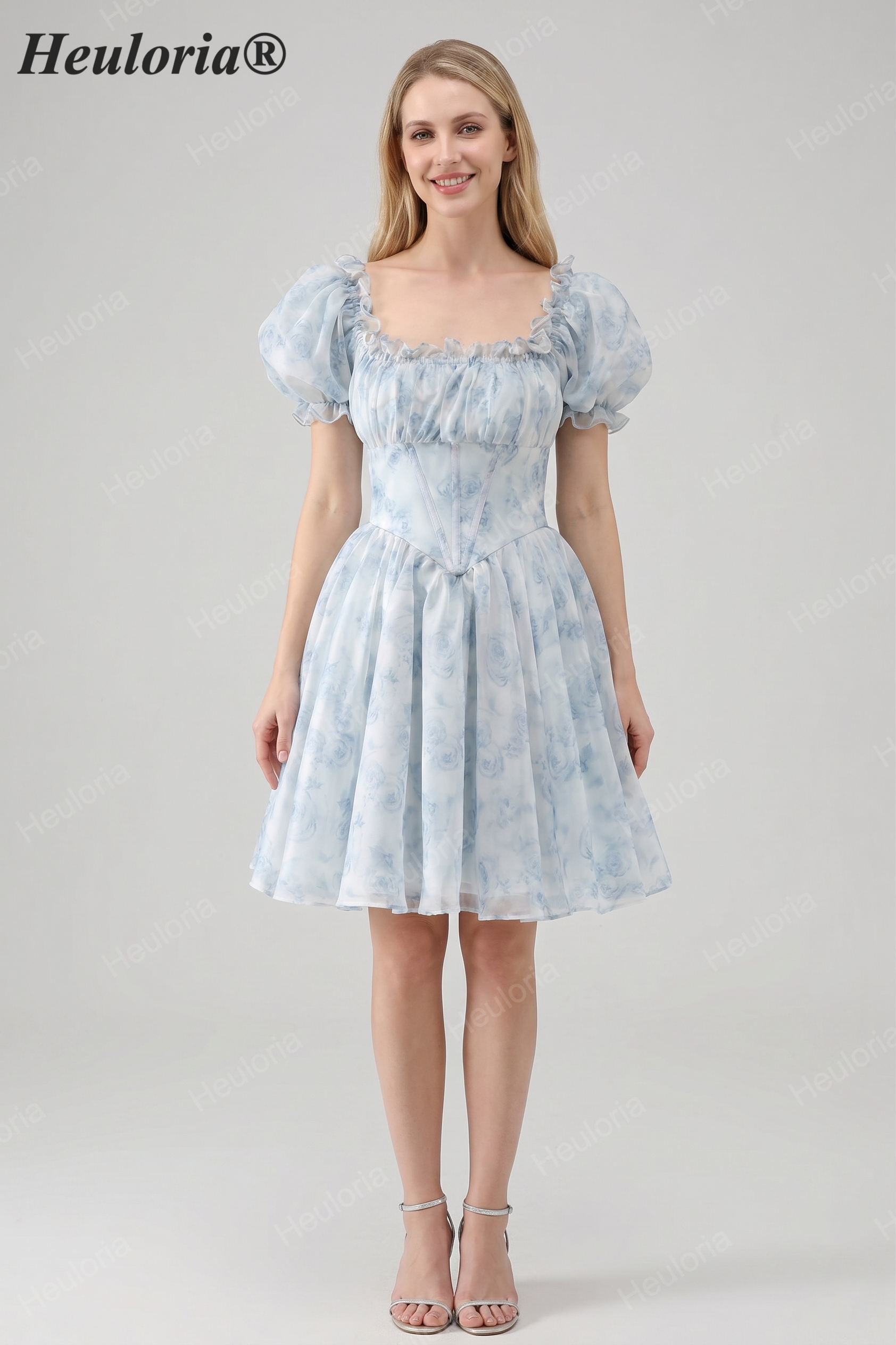Floral Puff Sleeve Mini Evening Dress