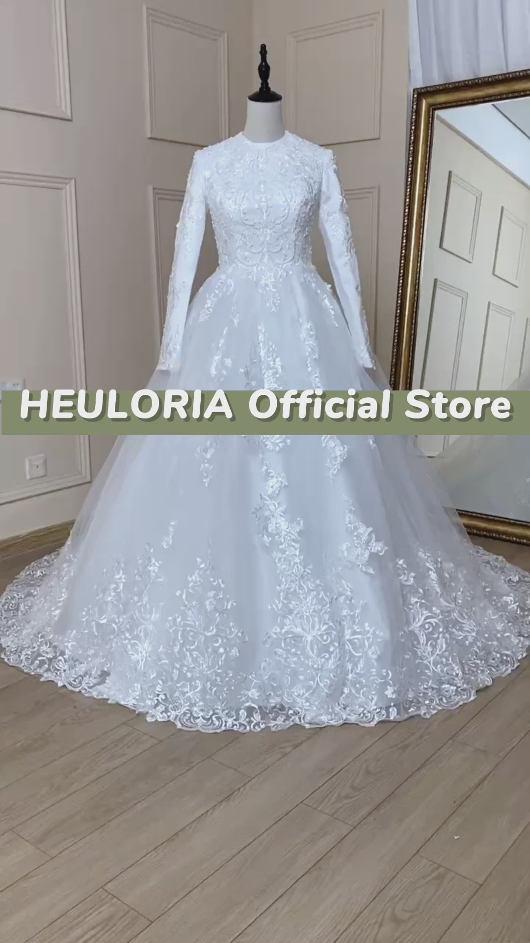 HEULORIA Muslim ball gown Wedding Dress long sleeve round neck plus size robe de mariee Lace beading bride dress court train BA-569