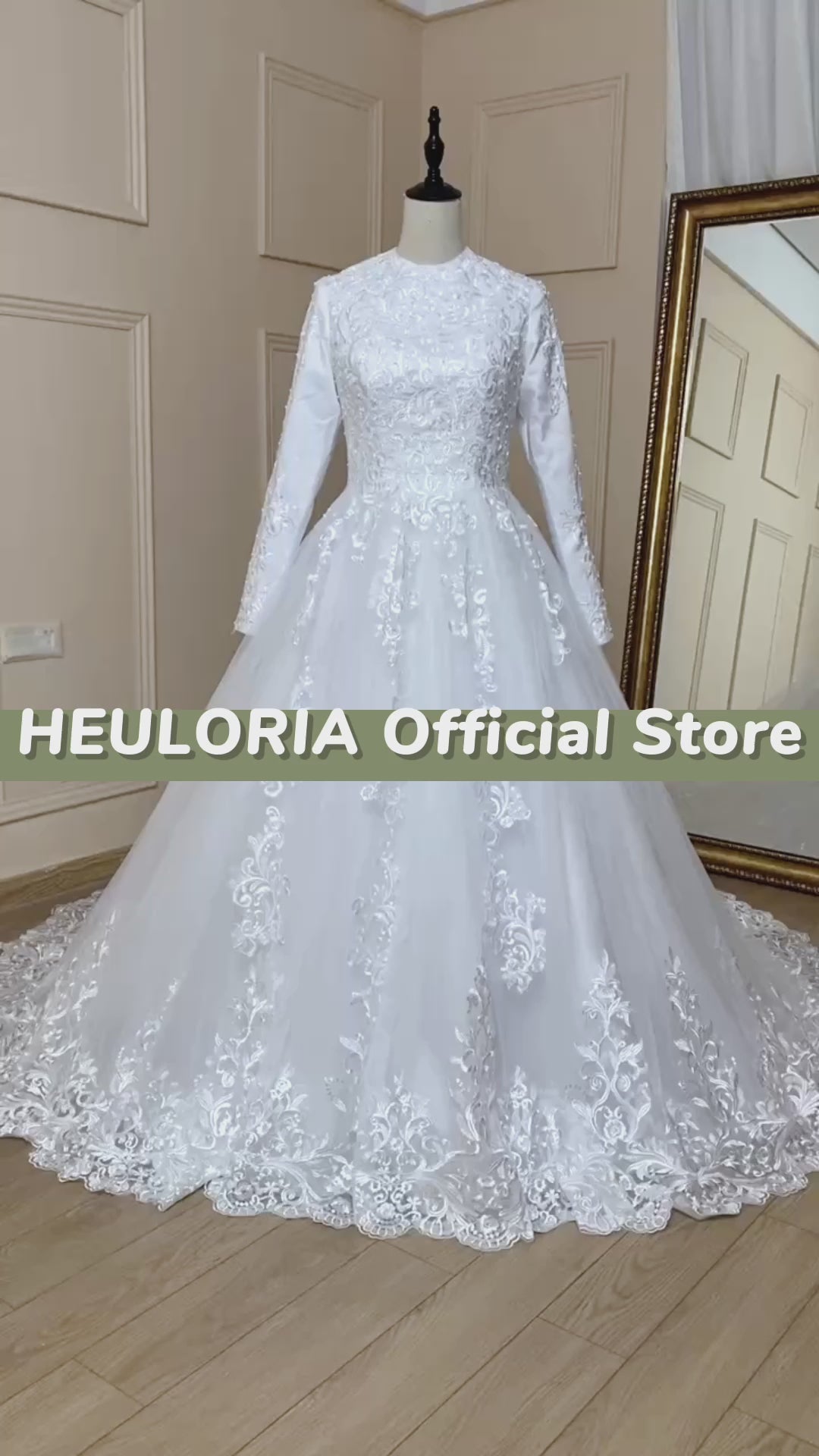 HEULORIA Muslim Wedding Dress long sleeve bride dress O neck plus size robe de mariee Lace beading  Bridal Gown BA-576