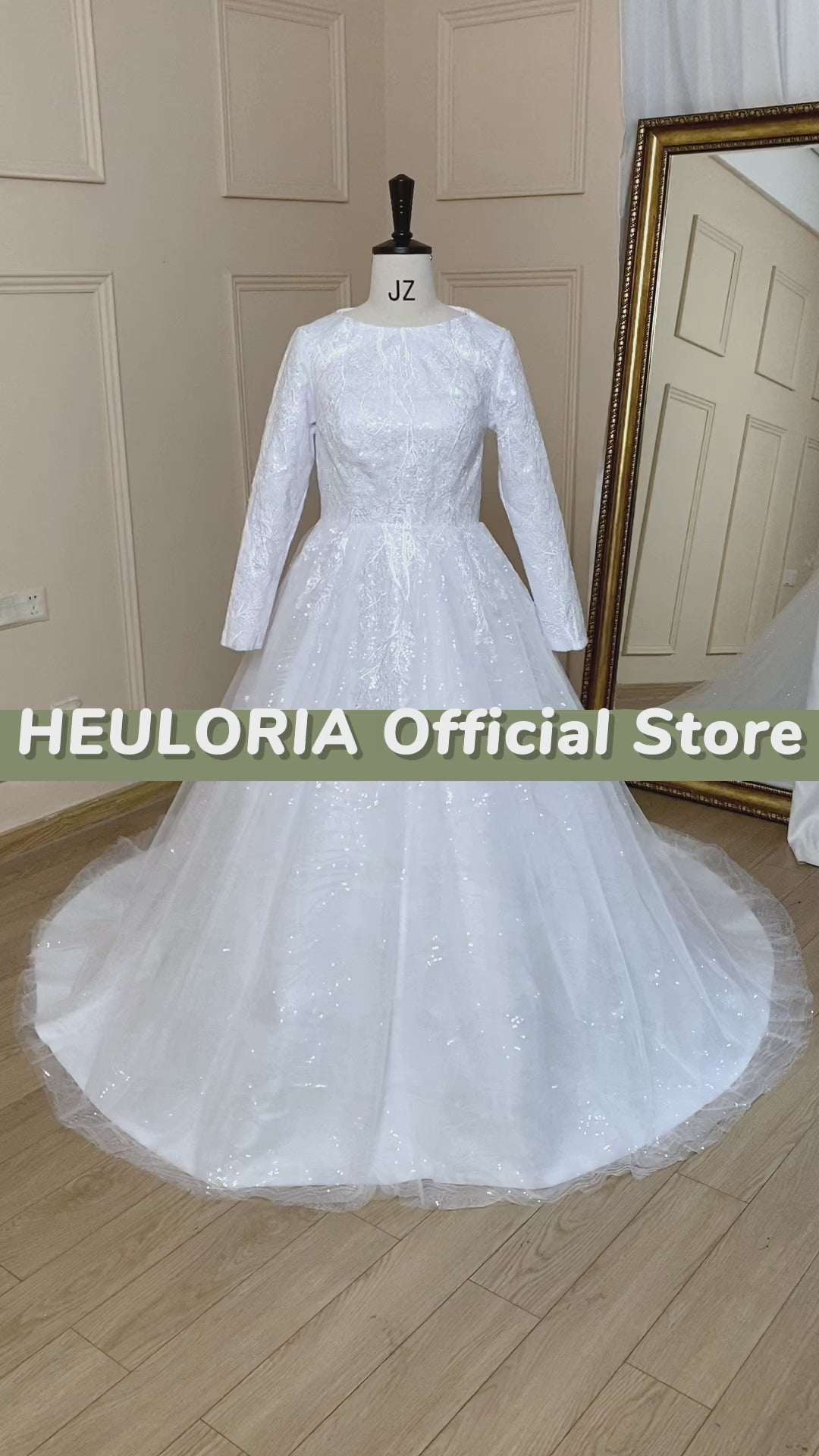HEULORIA elegant heavy lace beading Muslim Wedding Dress long sleeve round neck bride dress plus size bride Wedding Gown BA-686