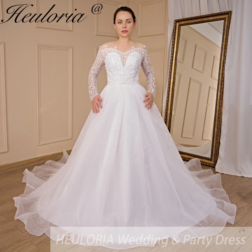 Long Sleeve Illusion Neckline Wedding Dress | Pearl & Sequin Ball Gown 50cm / Custom Size / Ivory Long Sleeve Illusion Neckline Wedding Dress | Pearl & Sequin Ball Gown 50cm / Custom Size / Ivory