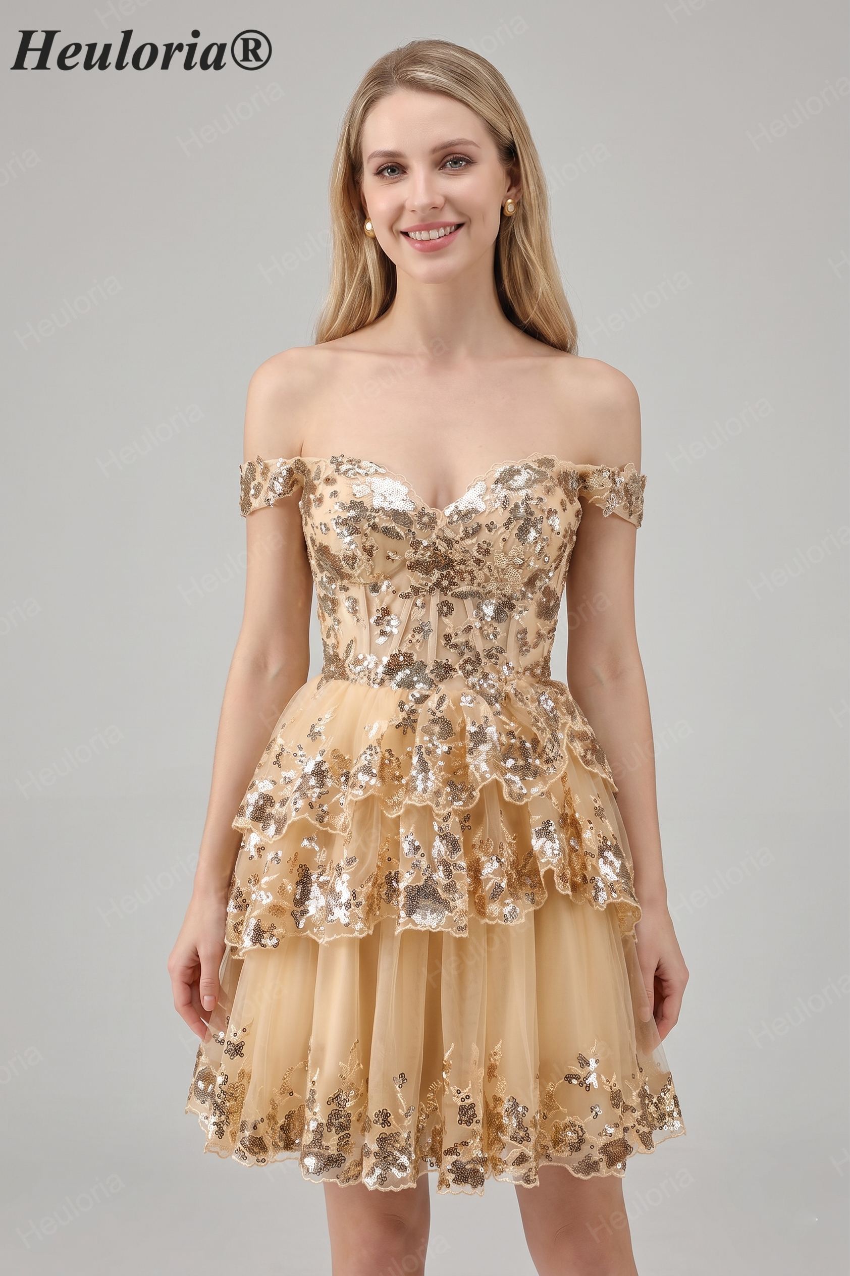 Champagne Gold Off-the-Shoulder Sequin Tiered Short Dress – heuloria