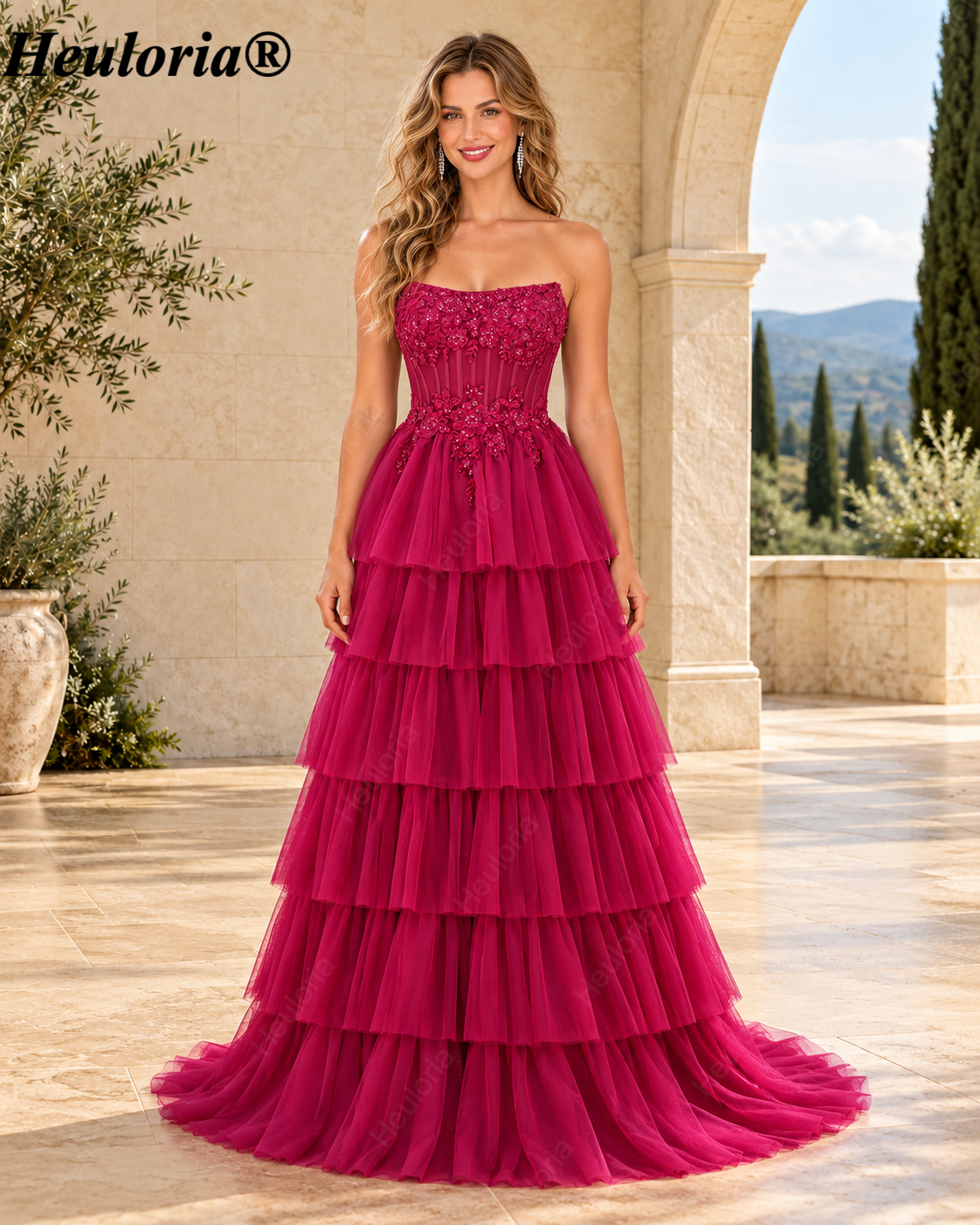 HEULORIA Fuchsia Strapless Beaded Corset Tiered Tulle A-Line Prom Dress – ED-224 Imagen principal del producto