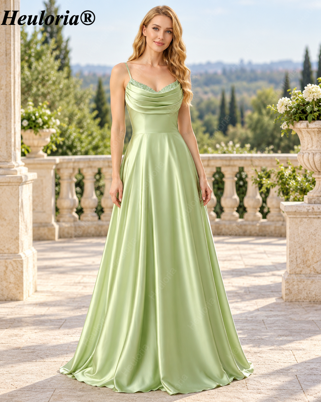 HEULORIA Cowl Neck Satin A-Line Bridesmaid Dress with Embellished Trim ED-361 Main image