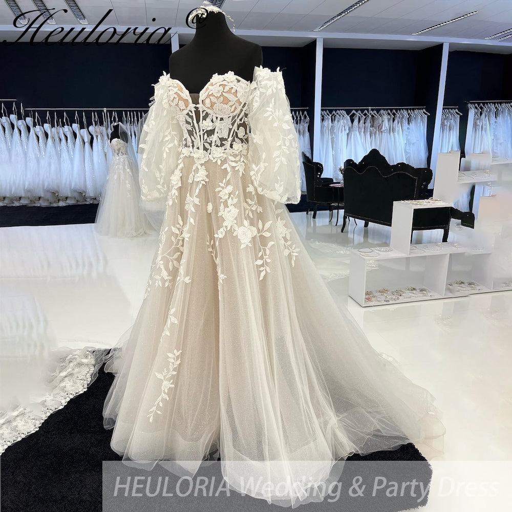 HEULORIA Sparkly Glitter A line Wedding Gowns Off Shoulder lace Bride Dresses puffy sleeve Robe De Soiree De Mariage AL-935