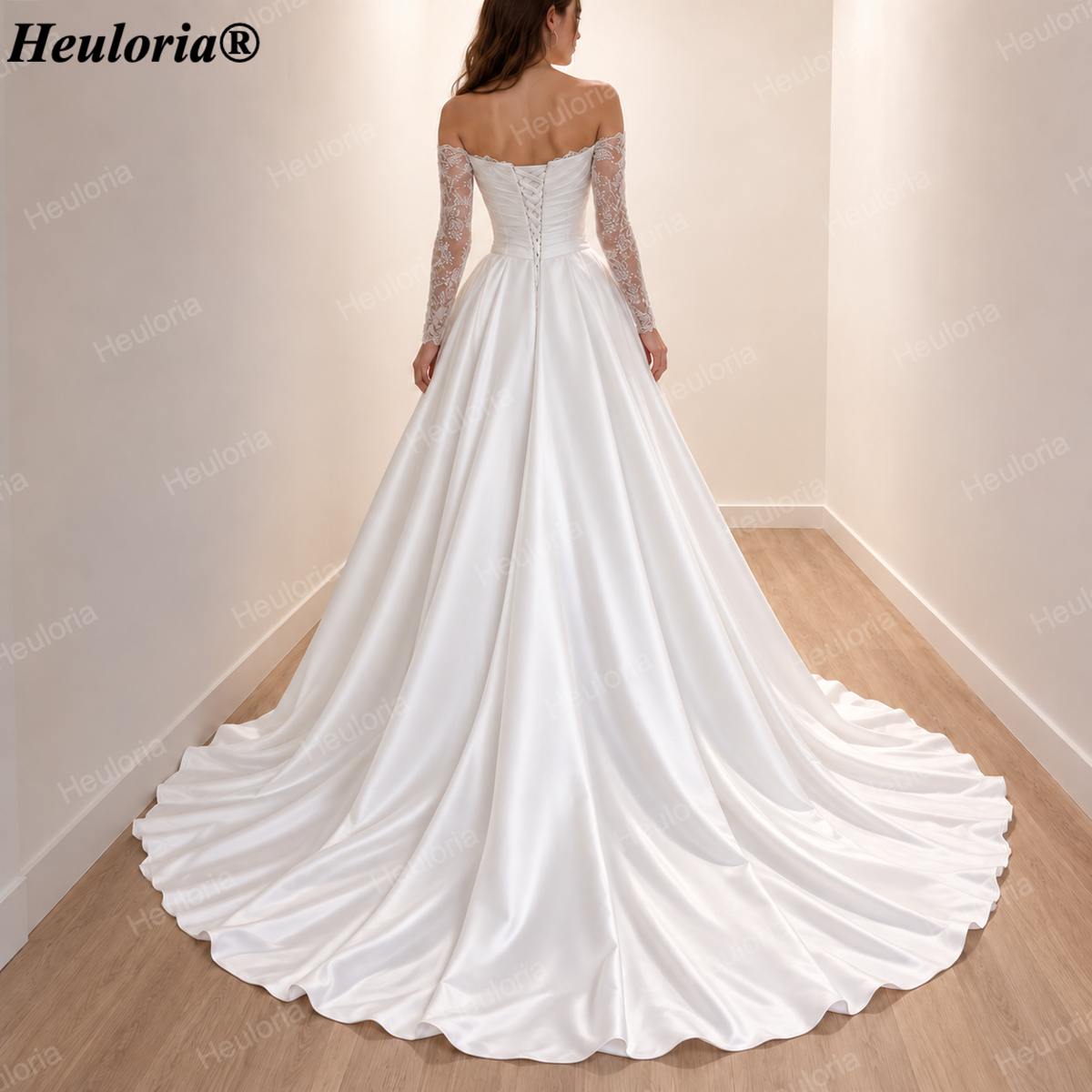 Off-the-Shoulder Lace Long Sleeve Satin Ball Gown Wedding Dress
