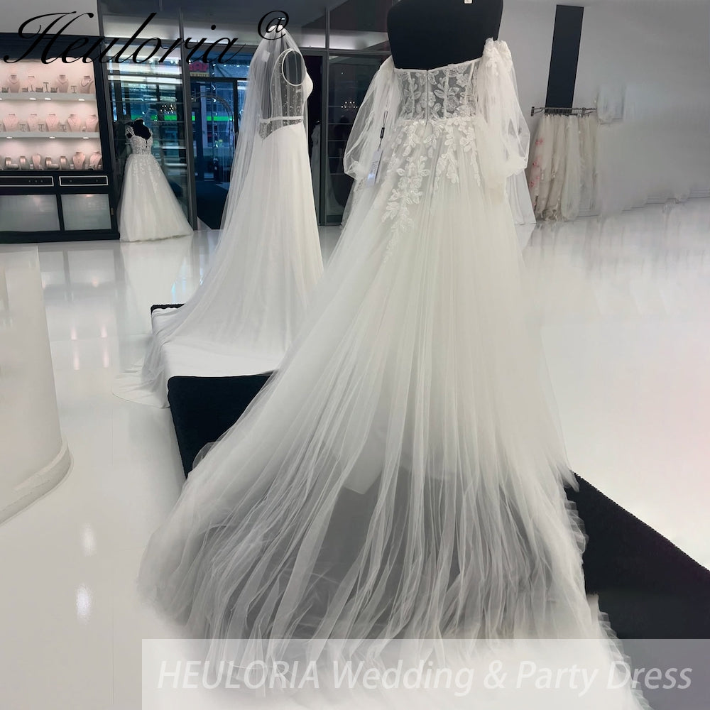 HEULORIA Elegant Off Shoulder A Line Wedding Dresses lace bride dress puffy sleeve Robe de mariee AL-943