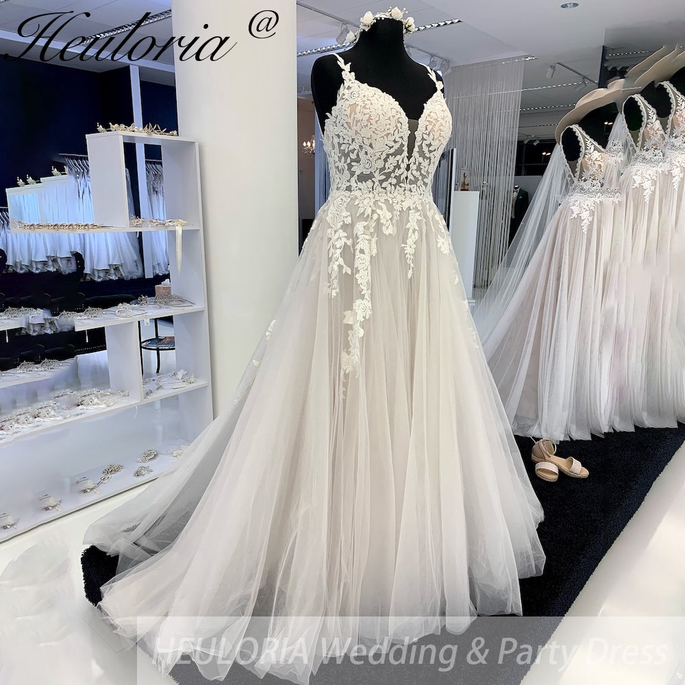 HEULORIA  Spaghetti Straps a line Wedding dress For Bride Lace Backless bridal dress Robe De Mariée Customized AL-928