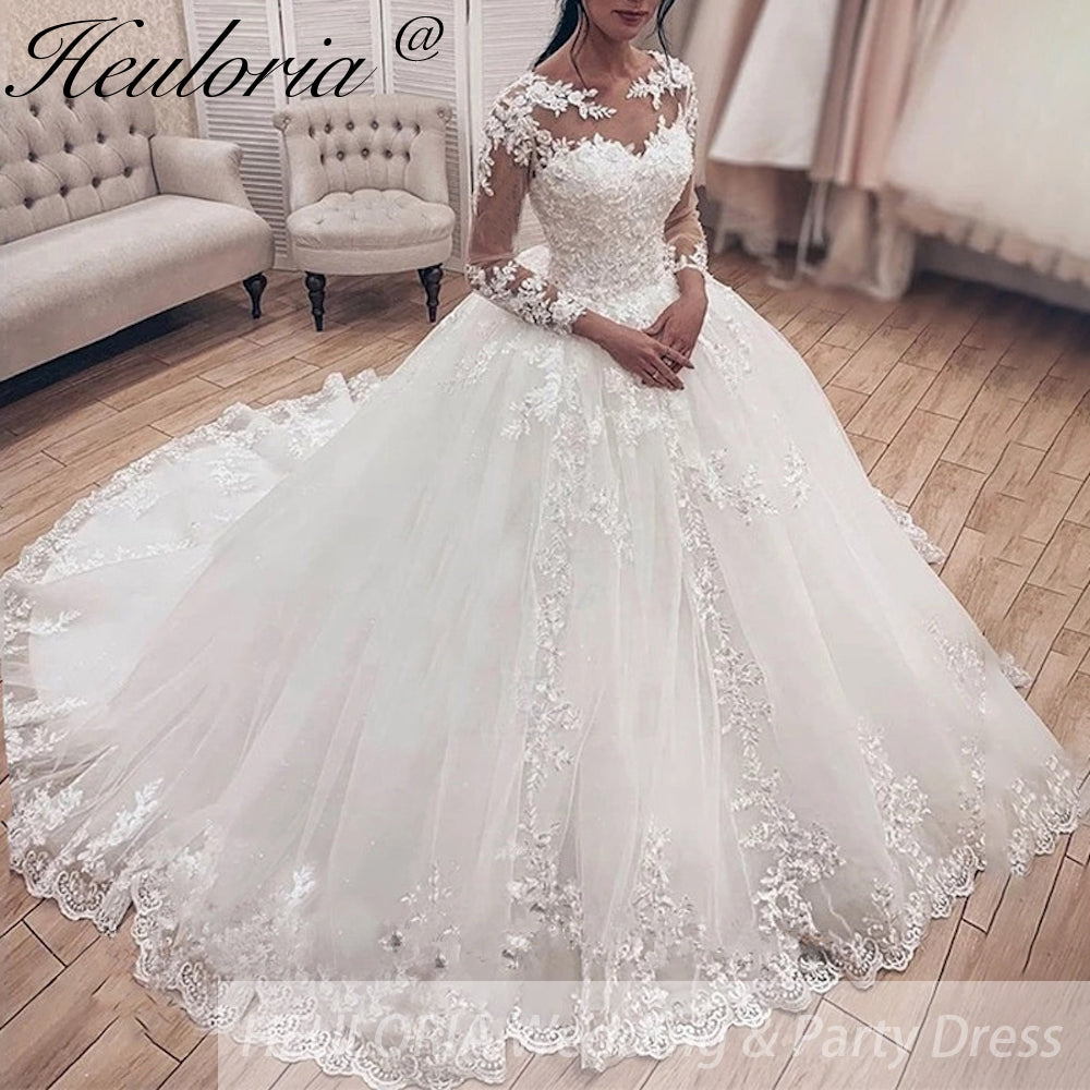 Heuloria Elegant princess Wedding Dress long sleeve lace bride dress robe de mariee A line Wedding Bridal Gown BA-130