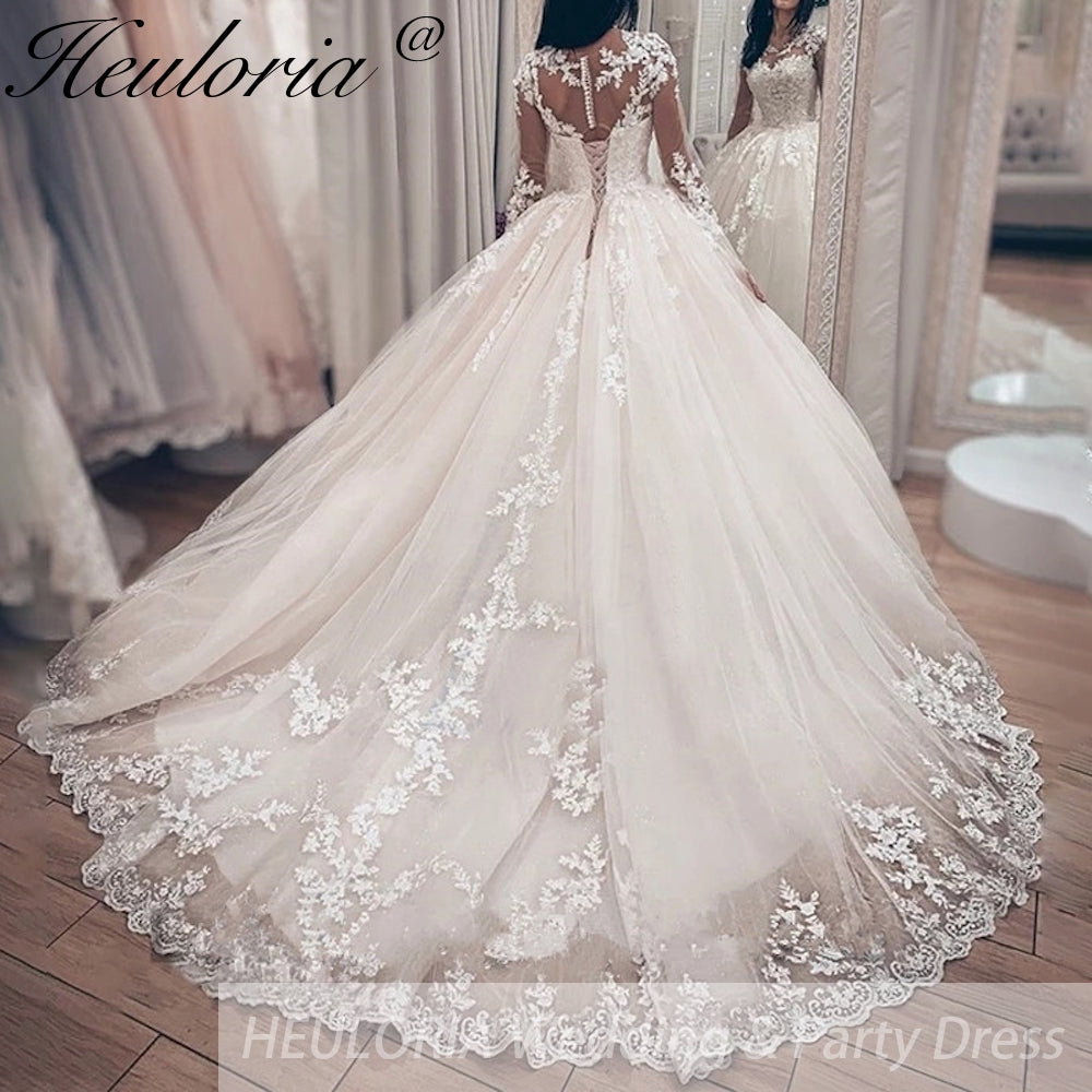 Heuloria Elegant princess Wedding Dress long sleeve lace bride dress robe de mariee A line Wedding Bridal Gown BA-130