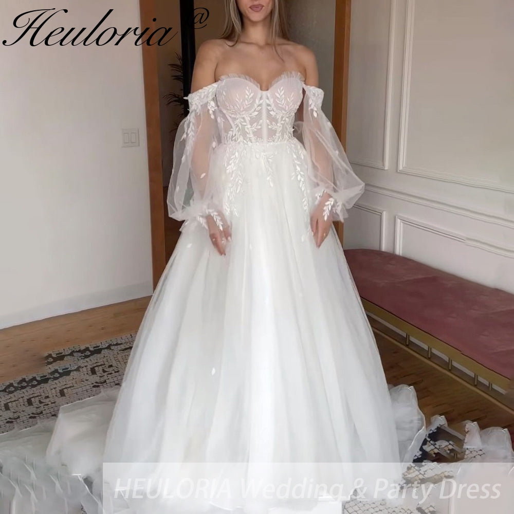 HEULORIA elegant A line wedding dress off shoulder Sparkly Glitter lace bridal dress long sleeve Robe De Mariee Wedding Bride Dress long train AL-517