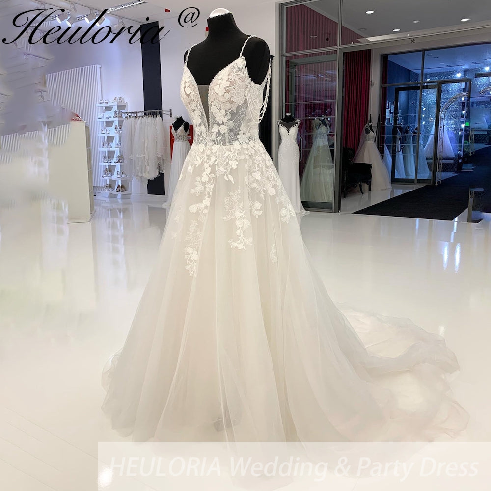 HEULORIA elegant A Line Wedding Dreses with beading tassel V Neck Lace Bridal dress 2025 New In AL-938