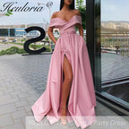 Off The Shoulder Satin Evening Dresses High Split Sexy With Pockets Lace Up Back Vintage Long Prom Dresses Wedding Party Gowns