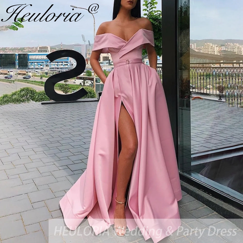 Off The Shoulder Satin Evening Dresses High Split Sexy With Pockets Lace Up Back Vintage Long Prom Dresses Wedding Party Gowns