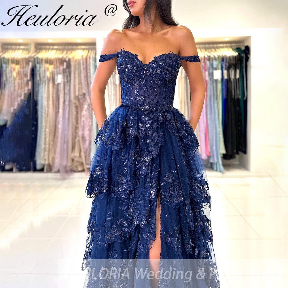 Sparkly A line Prom Formal Dresses Sequins Appliques Ruffle Black Off the shoulder Ruffles High split Prom Dresses Customsized Image secondaire du produit