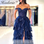 Sparkly A line Prom Formal Dresses Sequins Appliques Ruffle Black Off the shoulder Ruffles High split Prom Dresses Customsized