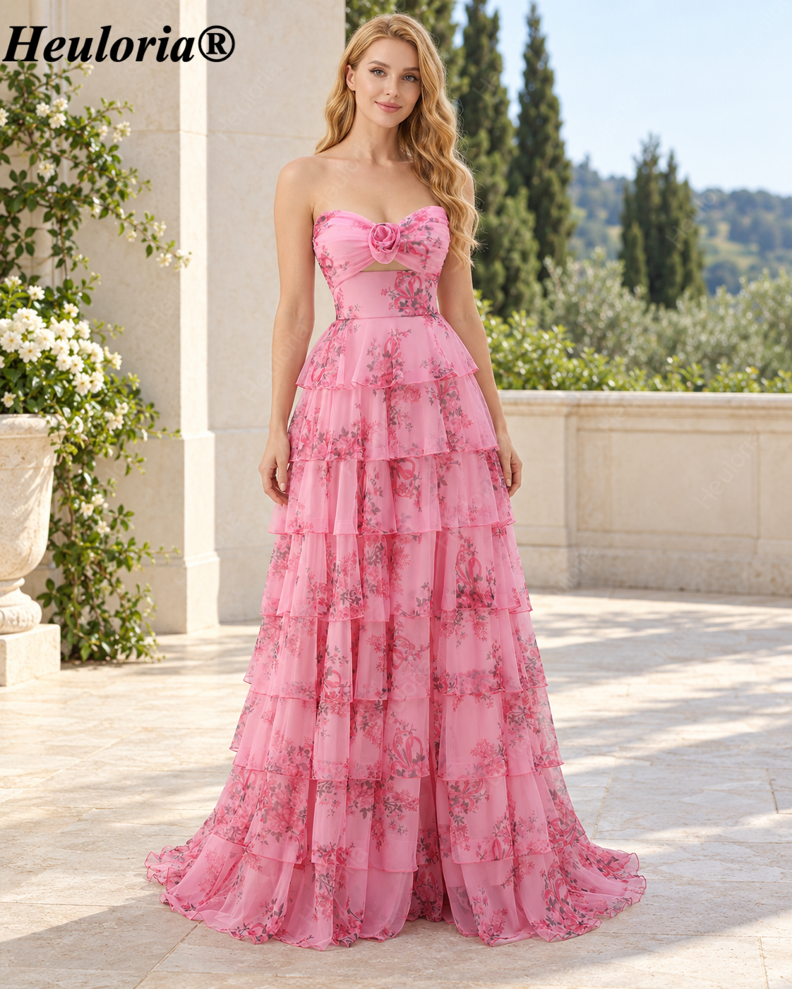HEULORIA Blush Floral Strapless Tiered A-Line Prom Dress with Rosette ED-347 Imagen principal del producto