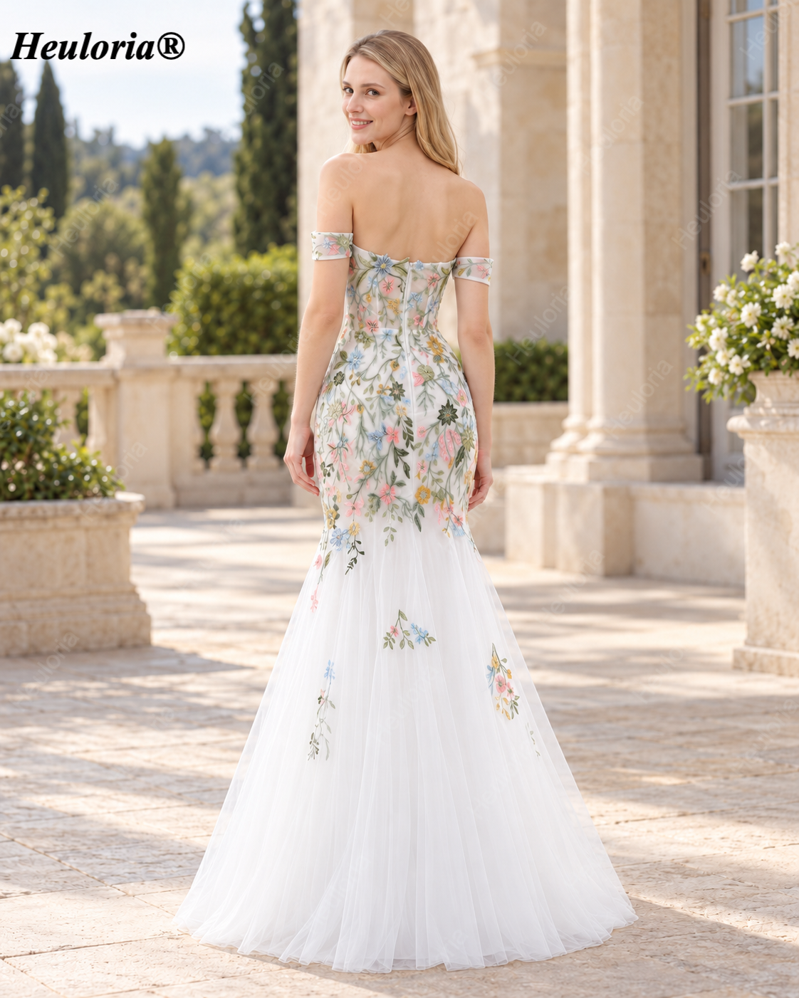 Heuloria Multicolor Floral Embroidered Off-the-Shoulder Tulle Mermaid Evening Dress ED-612 Secondary image