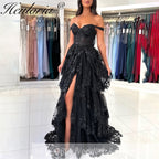 Sparkly A line Prom Formal Dresses Sequins Appliques Ruffle Black Off the shoulder Ruffles High split Prom Dresses Customsized